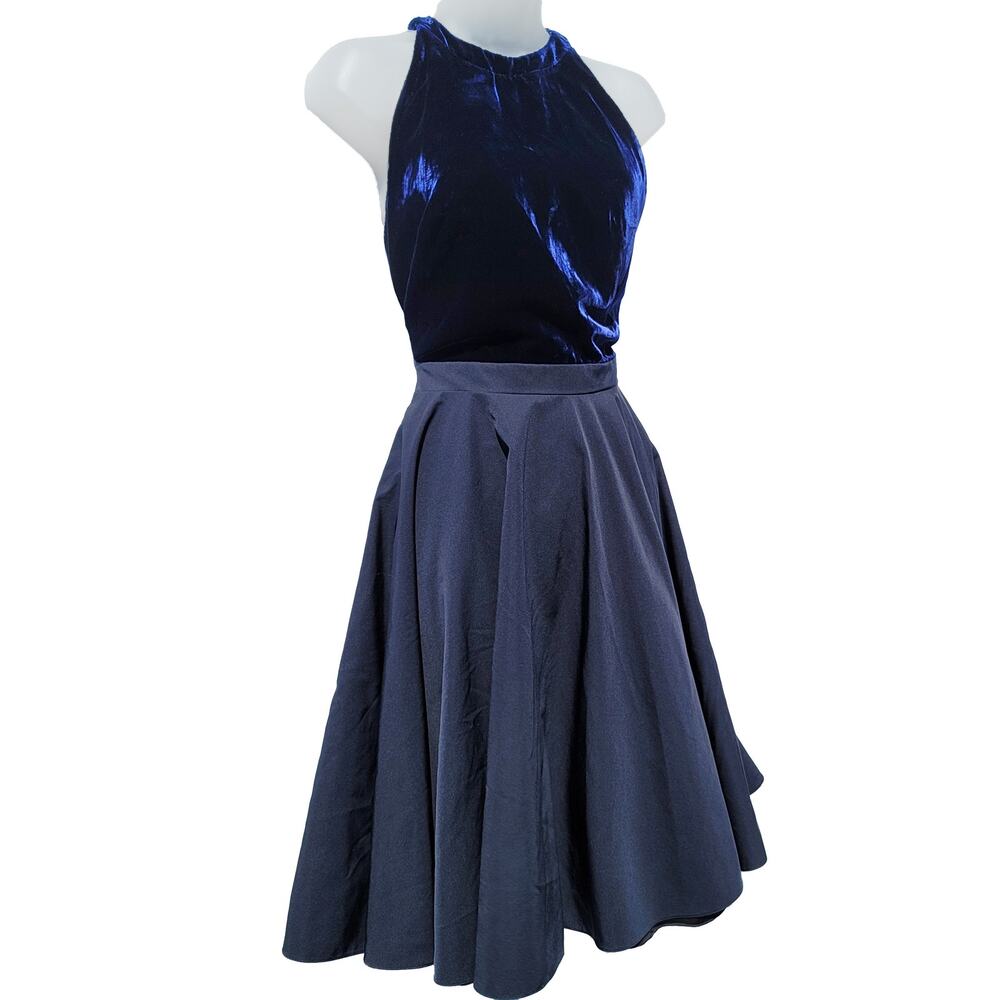 BELLECHASSE Size 4 Navy Blue Velvet Halter Full Swing Skirt Dress